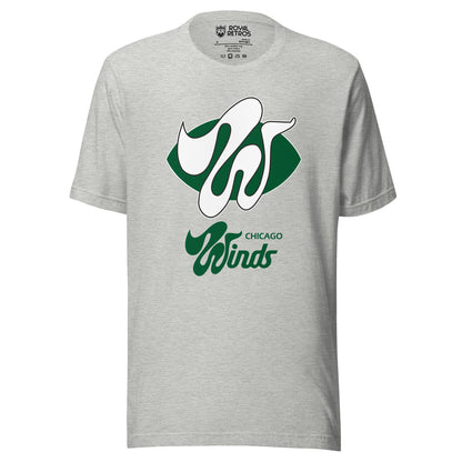 The Chicago Winds World Football League T-shirt. Gray. Green football shape with wildly stylized large white W over top. Chicago small in green below right. Winds larger below centered in green. Royal Retros