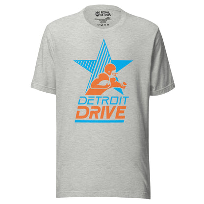 Detroit Drive Arena Football League T-shirt Gray. Blue star, half of which is stripes. Stylized player from waist up running to the right with football. Detroit in blue below, DRIVE in orange centered below that, underlined in blue. Royal Retros