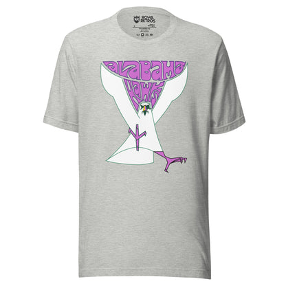 Alabama Hawks football T-shirt. Gray. Alabama in 70s-style font, purple with Hawks below, nestled between the wings of a large simplified Hawk coming at viewer with purple talons. Royal Retros