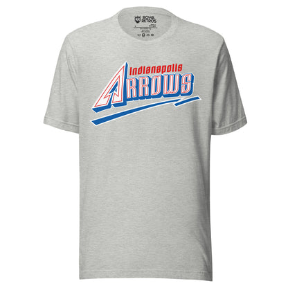 Indianapolis Arrows baseball T-shirt. Gray. ARROWS in white with red trim inside letters. Blue shadow under letters. Blue underline beneath with white trim. Royal Retros