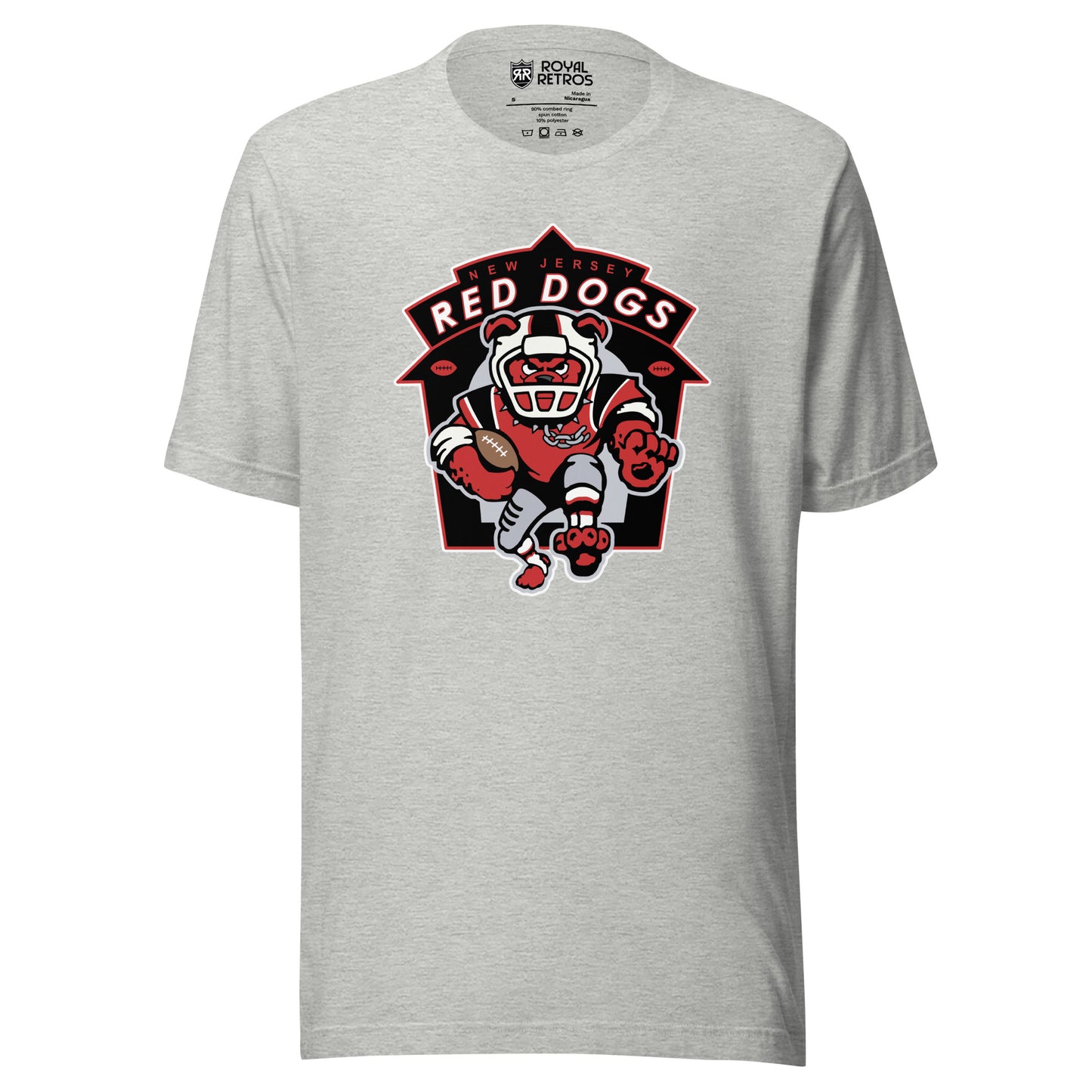 New Jersey Red Dogs Arena Football League T-shirt. Gray. Shield outline in red and white. Inside, New Jersey small in red. RED DOGS in white larger below. Dog in football helmet running  toward viewer carrying football. Royal Retros