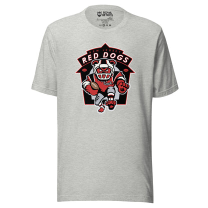 New Jersey Red Dogs Arena Football League T-shirt. Gray. Shield outline in red and white. Inside, New Jersey small in red. RED DOGS in white larger below. Dog in football helmet running  toward viewer carrying football. Royal Retros