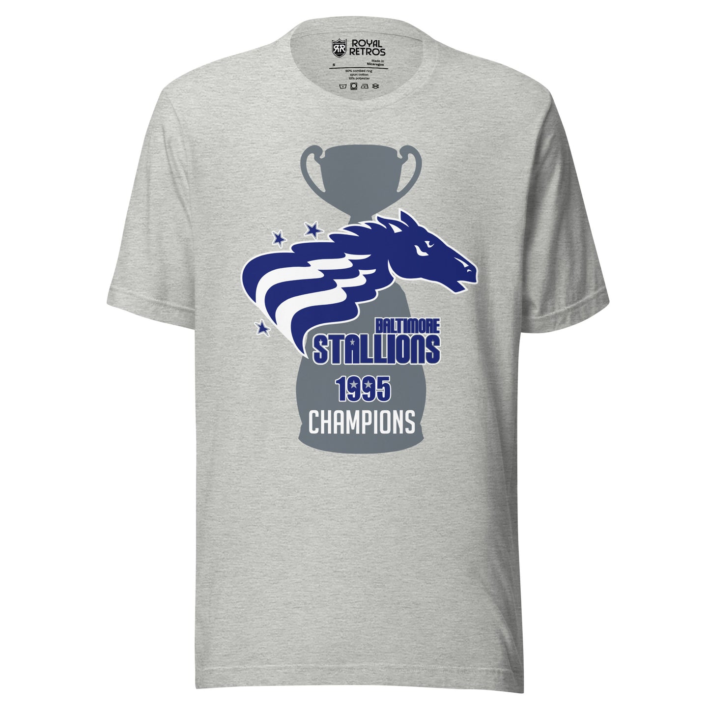 Baltimore Stallions Championship T-short. Gray. Large gray trophy with large base. Over top is a horses head in blue facing right. Two white wavy stripes from its mane. Two blue stars upper left, one lower left. Baltimore below right in blue. Stallions in blue big below. 1995 below in blue. Champions in white below that. Royal Retros