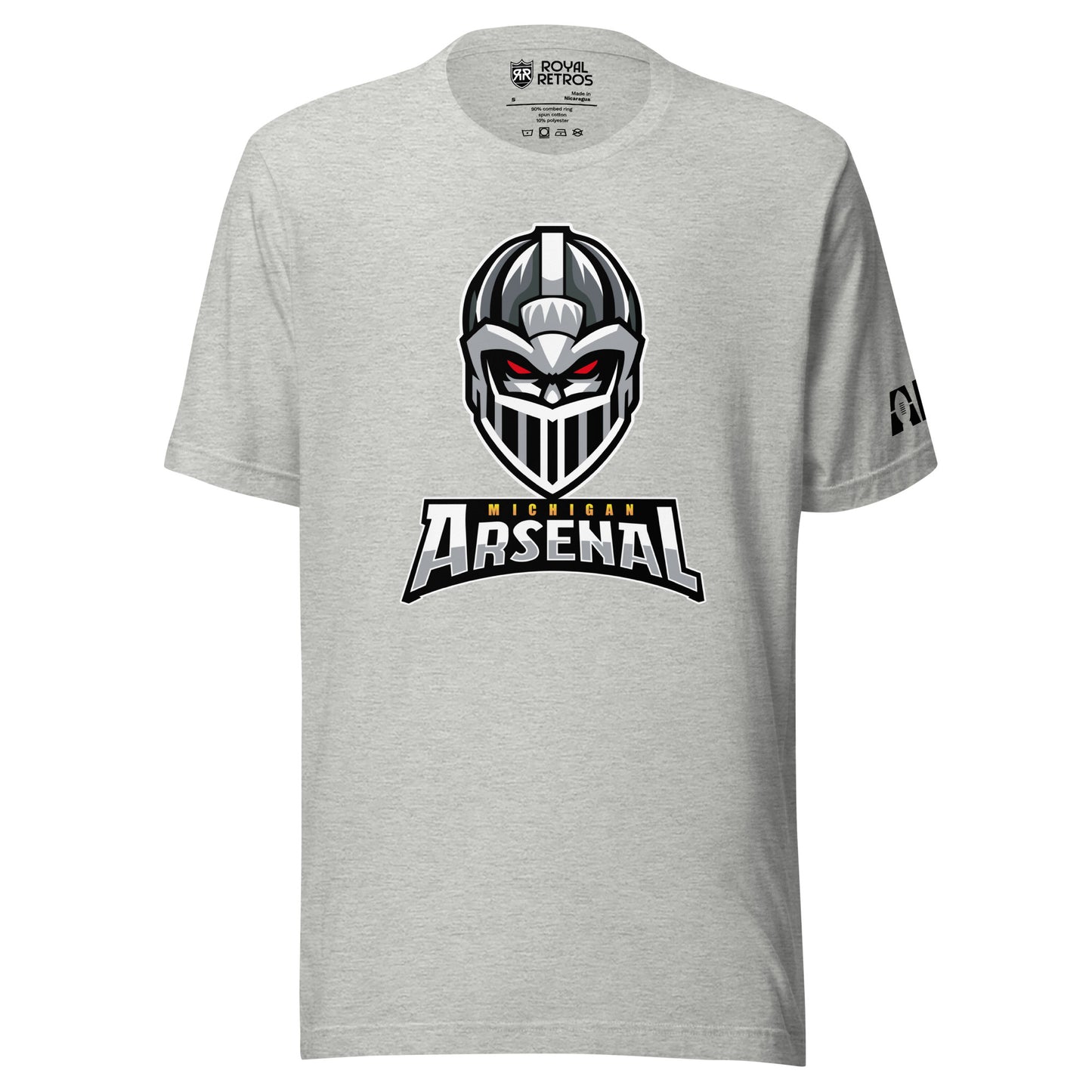 Michigan Arsenal T-shirt. Heather Gray. Knights helmet facing viewer. Michigan small in yellow above Arsenal in silver below. Royal Retros