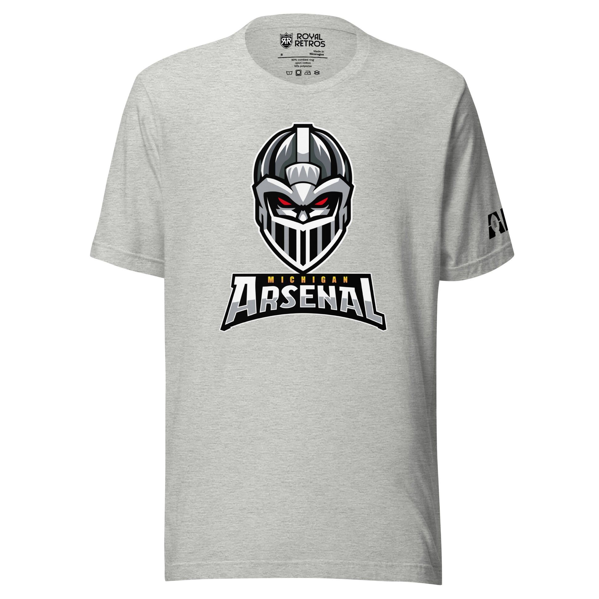 Michigan Arsenal T-shirt. Heather Gray. Knights helmet facing viewer. Michigan small in yellow above Arsenal in silver below. Royal Retros