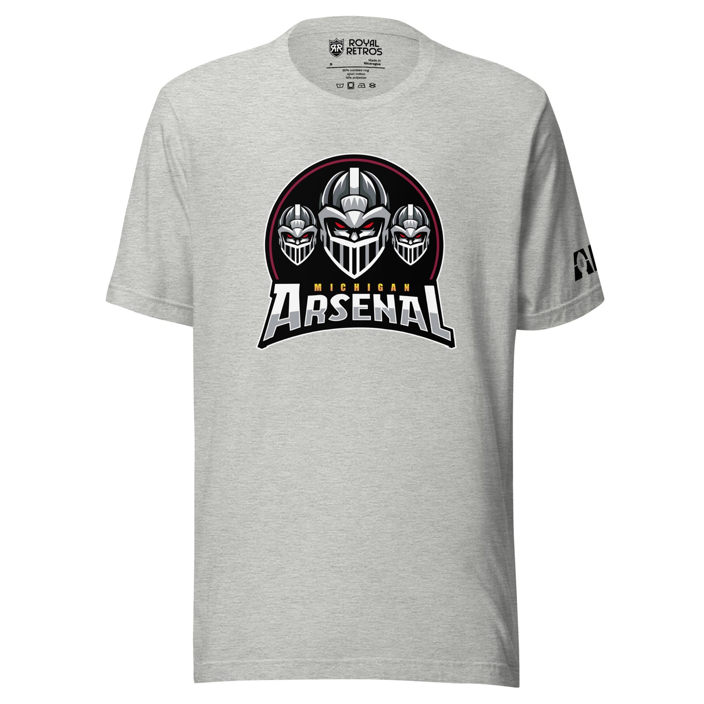 Michigan Arsenal Alternate T-shirt. Heather Gray. Three Knights helmets facing viewer. Michigan small in yellow above Arsenal in silver below. Royal Retros