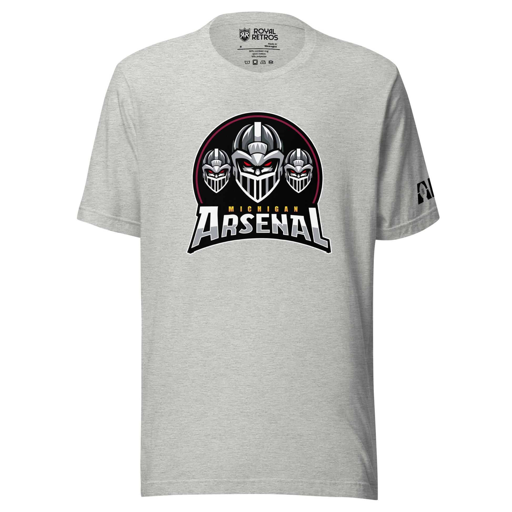 Michigan Arsenal Alternate T-shirt. Heather Gray. Three Knights helmets facing viewer. Michigan small in yellow above Arsenal in silver below. Royal Retros