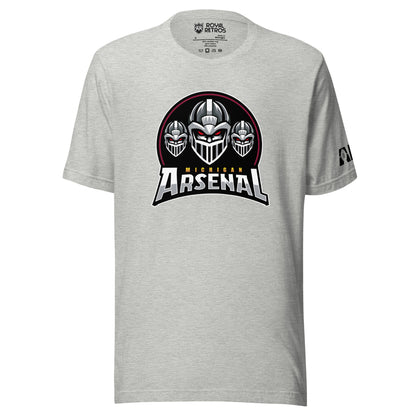 Michigan Arsenal Alternate T-shirt. Heather Gray. Three Knights helmets facing viewer. Michigan small in yellow above Arsenal in silver below. Royal Retros