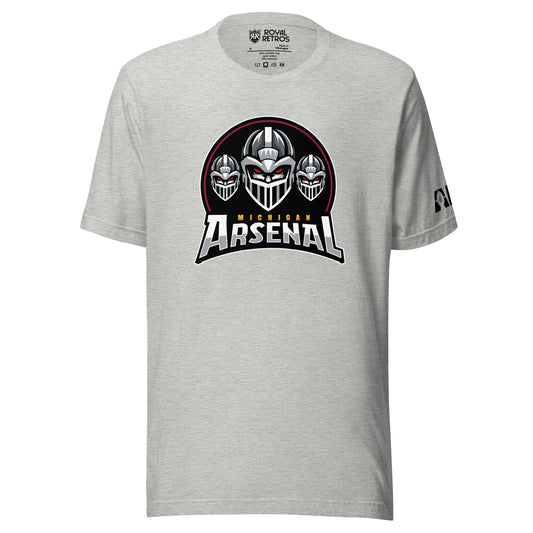 Michigan Arsenal Alternate T-shirt. Heather Gray. Three Knights helmets facing viewer. Michigan small in yellow above Arsenal in silver below. Royal Retros