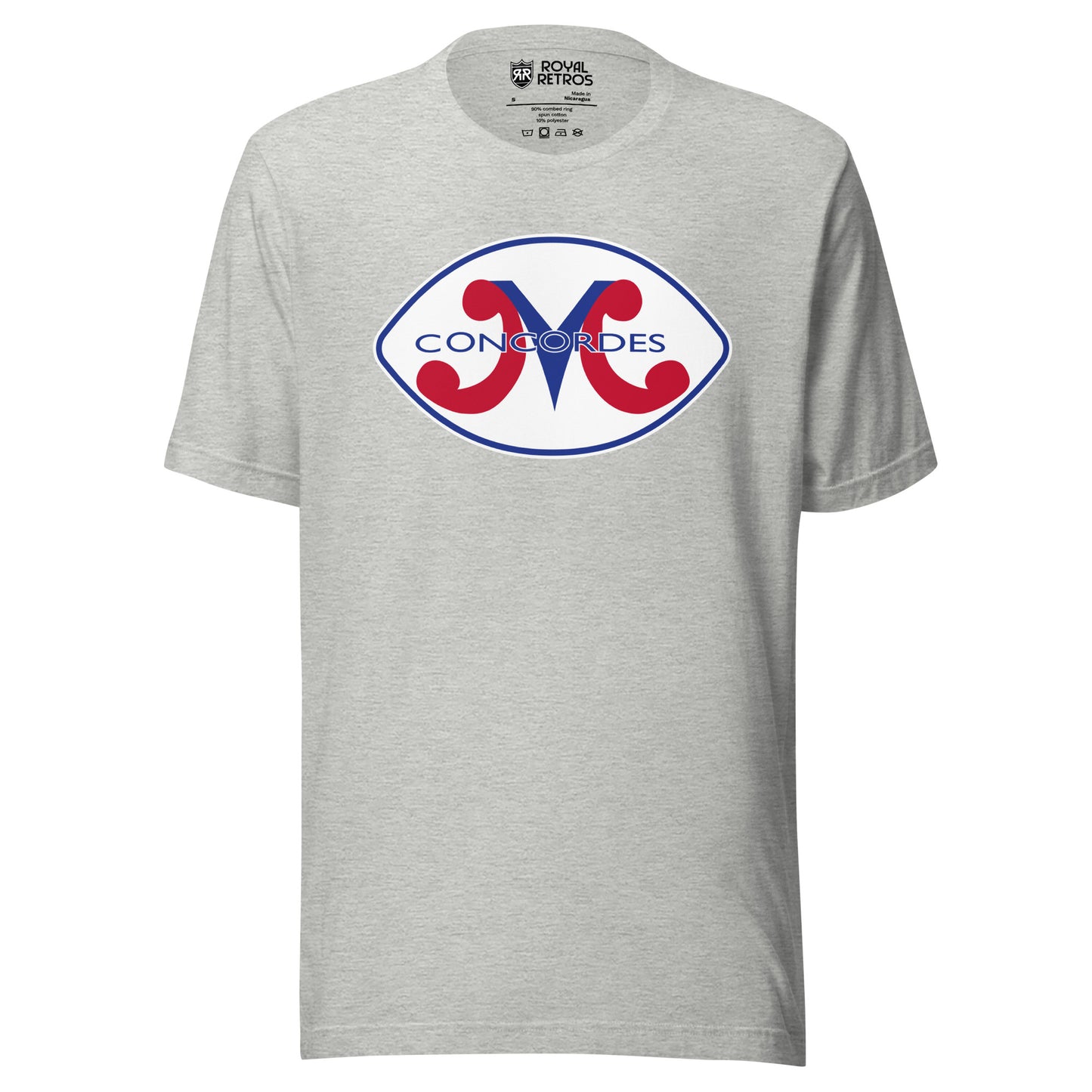 Montreal Concordes T-shirt. Heather gray. Football shaped white background with blue inner trim. M with red legs and blue center. Concordes in blue over top. Royal Retros