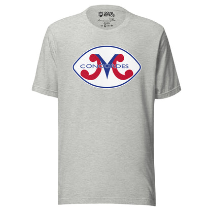 Montreal Concordes T-shirt. Heather gray. Football shaped white background with blue inner trim. M with red legs and blue center. Concordes in blue over top. Royal Retros