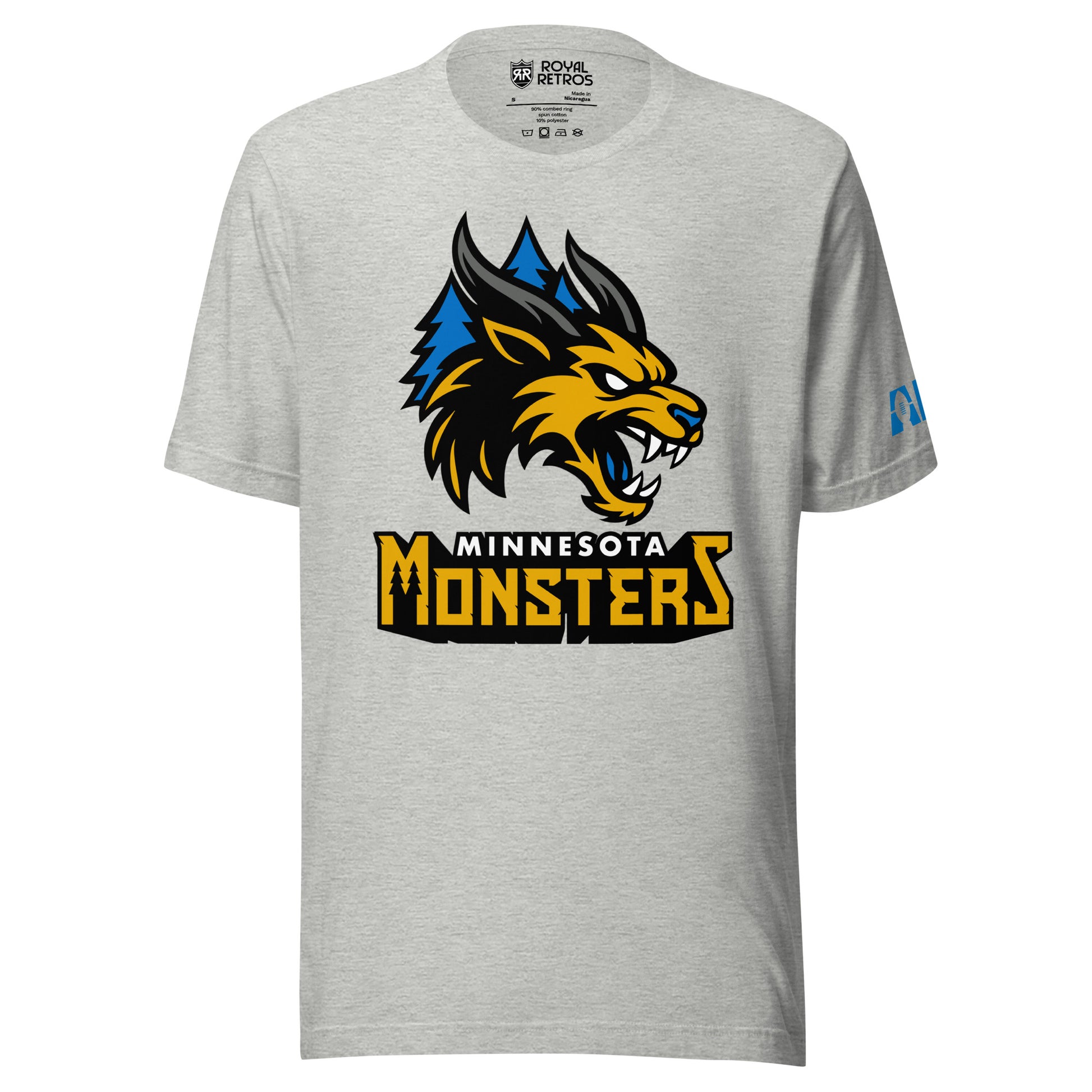 Minnesota Monsters AF1 arena football T-shirt. Heather gray. Gold, black, and gray monster head over blue pine trees. Minnesota small in white below, Monsters below larger in gold, both outlined together in black. Royal Retros.