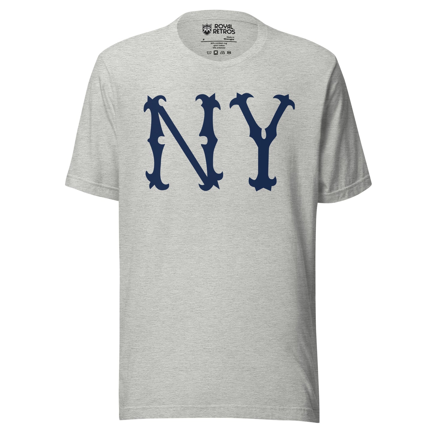 New York Highlanders NY T-shirt. Heather gray. Large blue NY in old-fashioned typeface large on chest. Royal Retros 