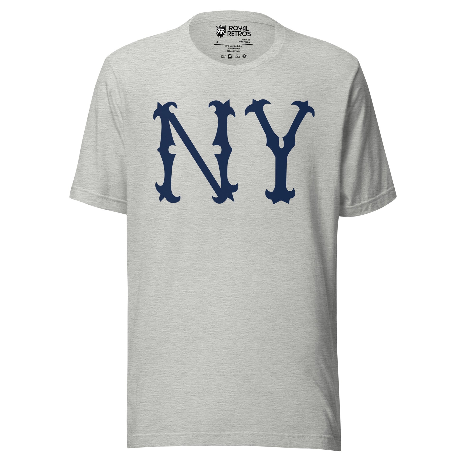 New York Highlanders NY T-shirt. Heather gray. Large blue NY in old-fashioned typeface large on chest. Royal Retros 