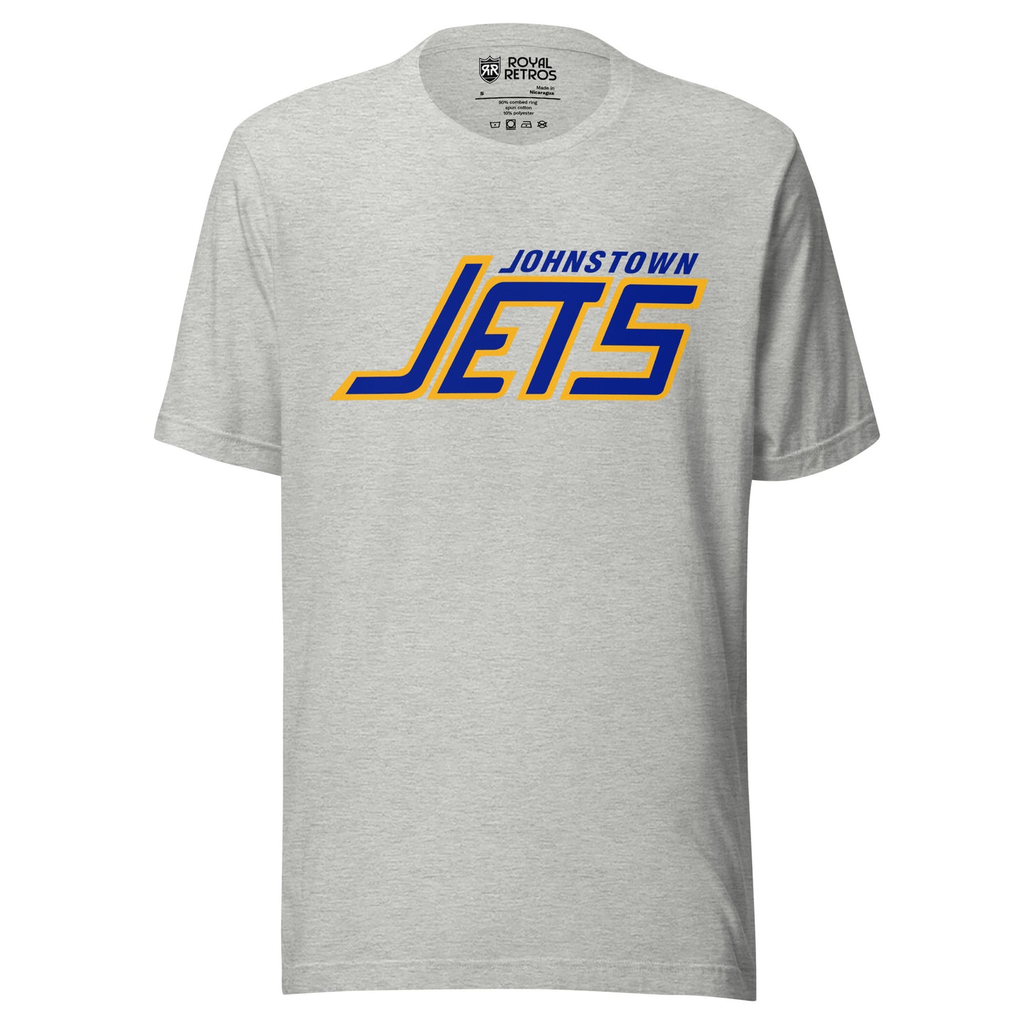 Johnstown Jets hockey T-shirt. Gray. Johnstown small in blue, top right, over JETS in blue with gold trim large. Royal Retros