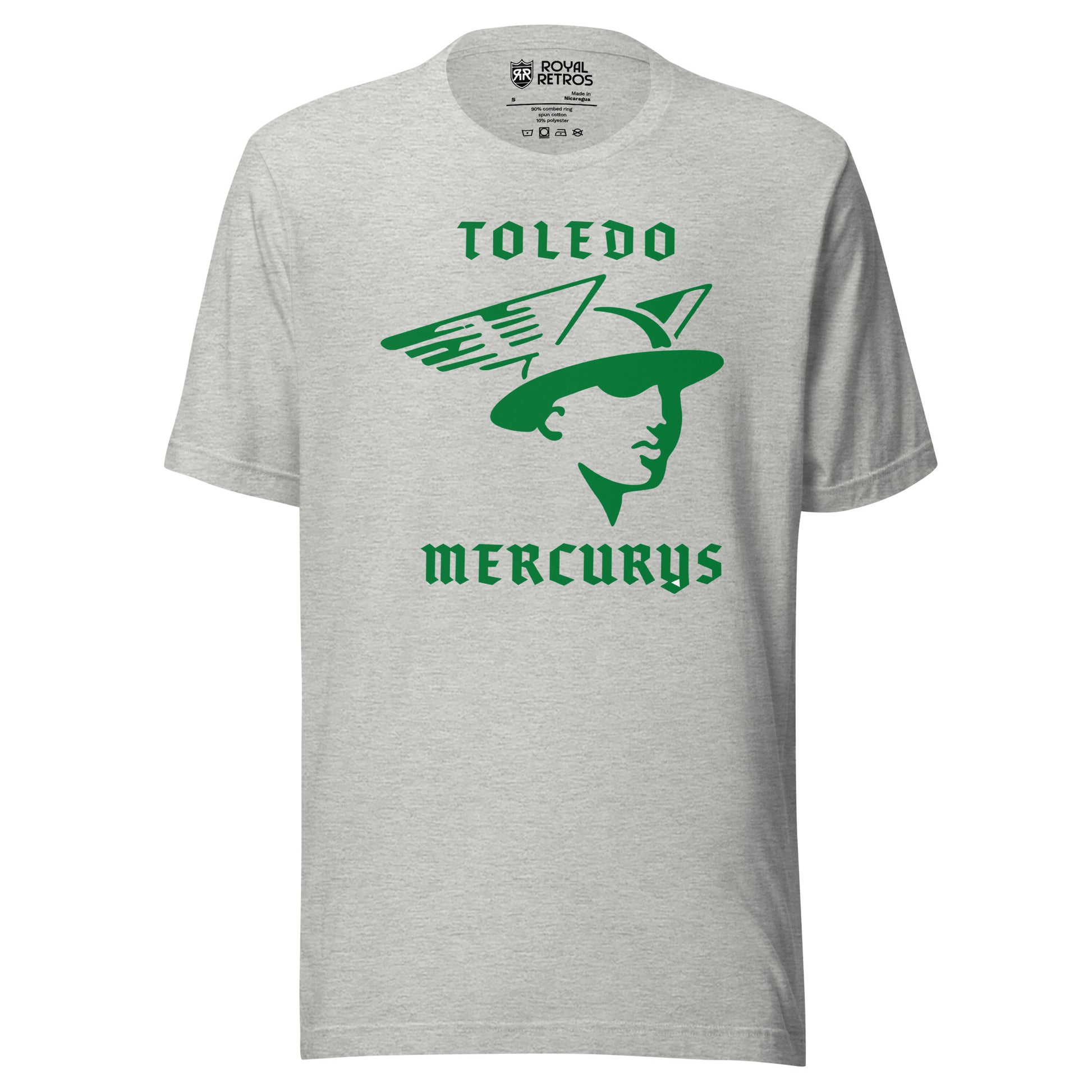 Toledo Mercurys hockeyT-shirt. Greem Toledo in gold. Above stylized bust of the God Mercury with winged helmet in green. Mercurys in gold below. Royal Retros