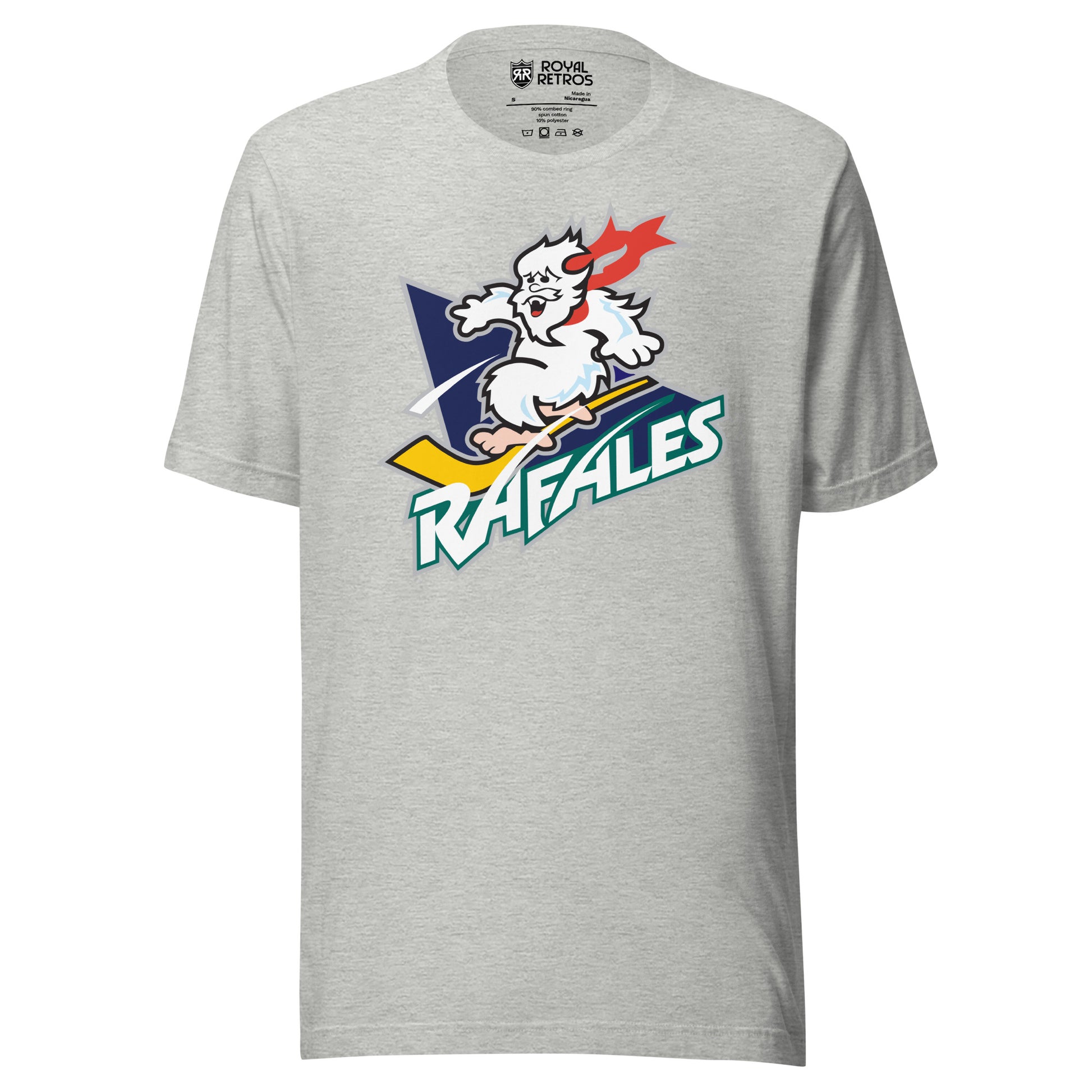 Quebec Rafales hockey T-shirt. Grey. White Yeti riding a yellow hockey stick over a purple triangle. RAFALES angled in white with blue trim below. Royal Retros.