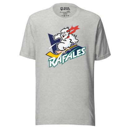 Quebec Rafales hockey T-shirt. Grey. White Yeti riding a yellow hockey stick over a purple triangle. RAFALES angled in white with blue trim below. Royal Retros.