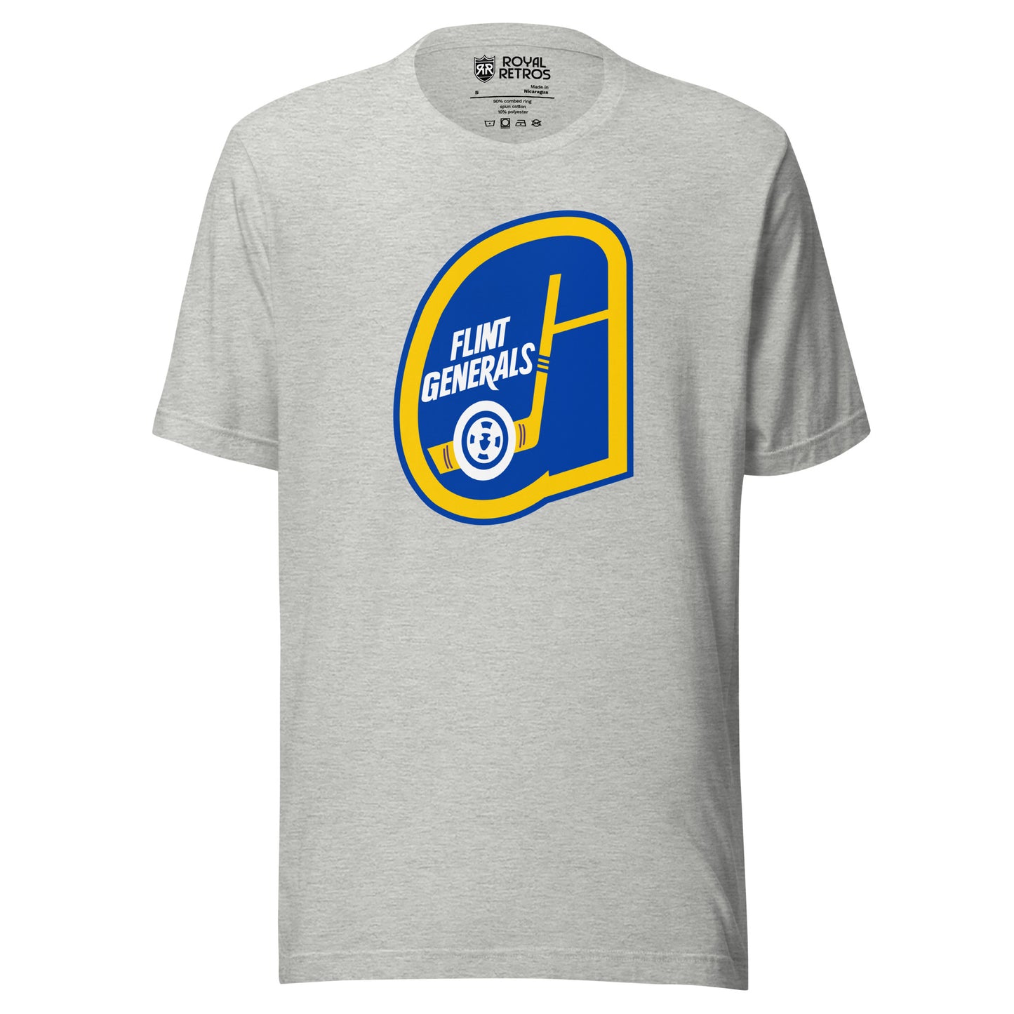 Flint Generals hockey T-shirt. Gray. Stylized blue G with gold trim. Flint Generals in white. Inside of G forms a yellow hockey stick with white puck on blade. Royal Retros