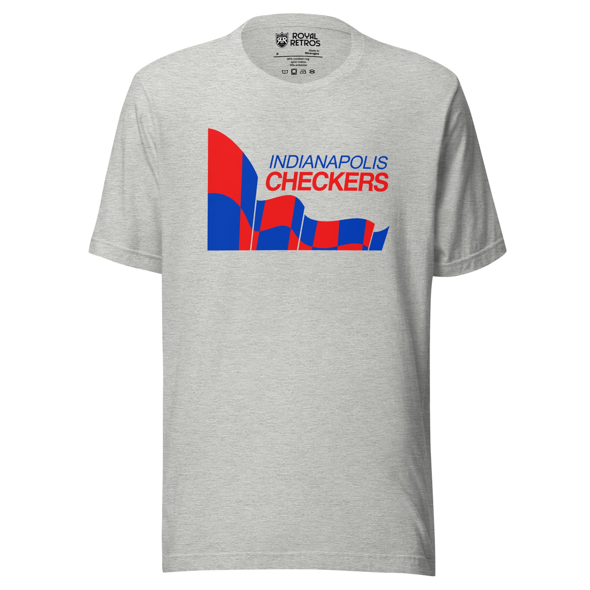 Indianapolis Checkers hockey T-shirt. Gray. Indianapolis in blue above Checkers in red. To the left is a red and blue checkered flag, that extends under Indianapolis Checkers. Royal Retros.