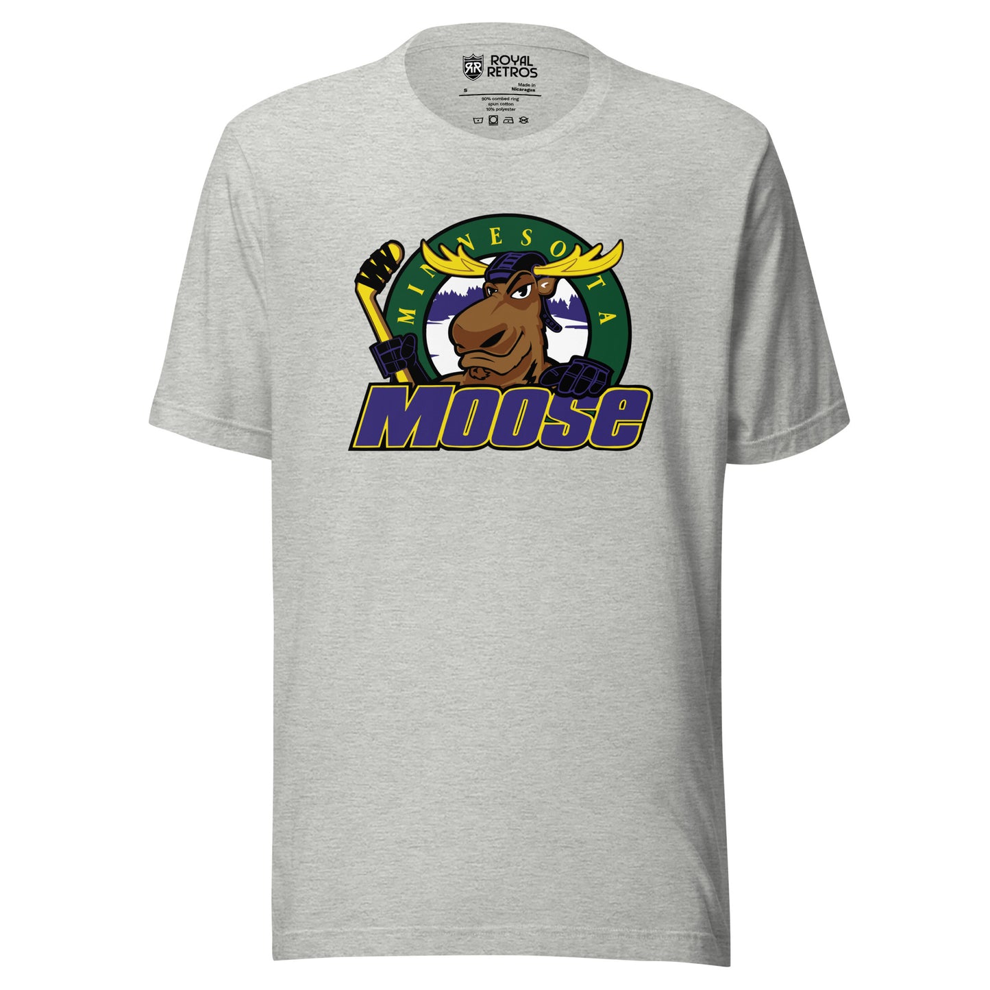 Minnesota Moose hockey T-shirt. Grey. Moose logo of moose holding hockey stick over green circle with yellow Minnesota and MOOSE in purple with yellow trim across and over bottom of circle. Royal Retros