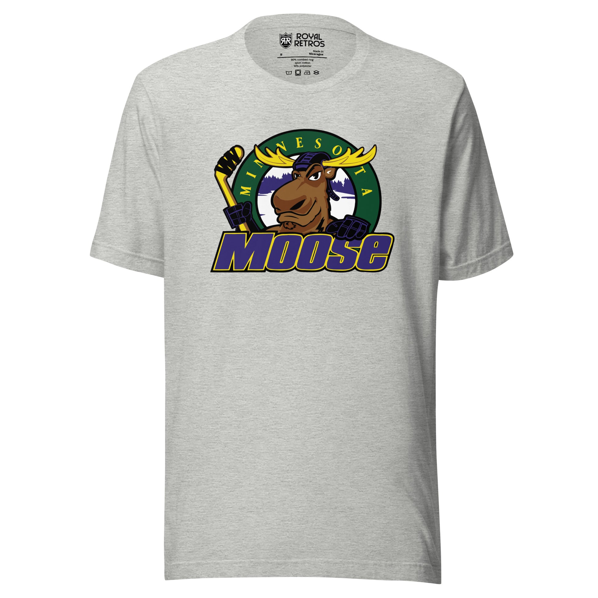 Minnesota Moose hockey T-shirt. Grey. Moose logo of moose holding hockey stick over green circle with yellow Minnesota and MOOSE in purple with yellow trim across and over bottom of circle. Royal Retros