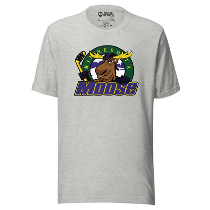 Minnesota Moose hockey T-shirt. Grey. Moose logo of moose holding hockey stick over green circle with yellow Minnesota and MOOSE in purple with yellow trim across and over bottom of circle. Royal Retros