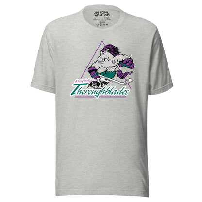Kentucky Thoroughblades hockey T-shirt gray. Cartoon horse, gray with purple mane and tail, holding hockey stick. Kentucky small Thoroughblades. Royal Retros