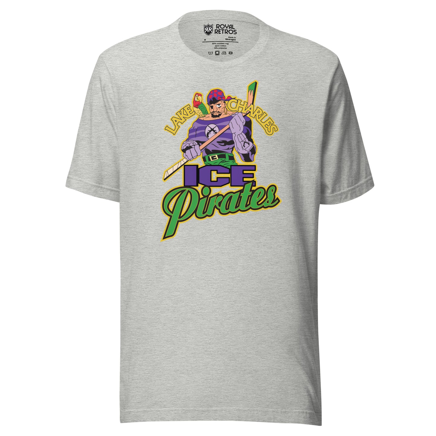 Lake Charles Ice Pirates hockey T-shirt. Gray. Lake in gold to left of pirate's head, Charles to the right. Pirate is holding a hockey stick. Below is ICE in purple, with Pirates in green below that. Royal Retros