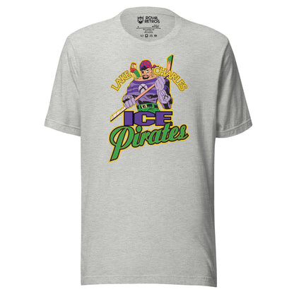 Lake Charles Ice Pirates hockey T-shirt. Gray. Lake in gold to left of pirate's head, Charles to the right. Pirate is holding a hockey stick. Below is ICE in purple, with Pirates in green below that. Royal Retros