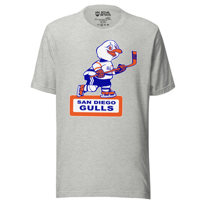 San Diego Gulls T-shirt. Gray. Animated Gull, white with blue and orange trim, skating and holding a hockey stick. Orange box underneath with white background. San Diego in blue above Gulls larger in rectangle. Royal Retros