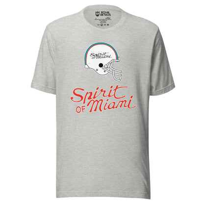 Spirit of Miami football T-shirt. Gray. Logo is white helmet in profile with blue and orange stripes. "Spirt of Miami" in orange script inside helmet and larger below. 