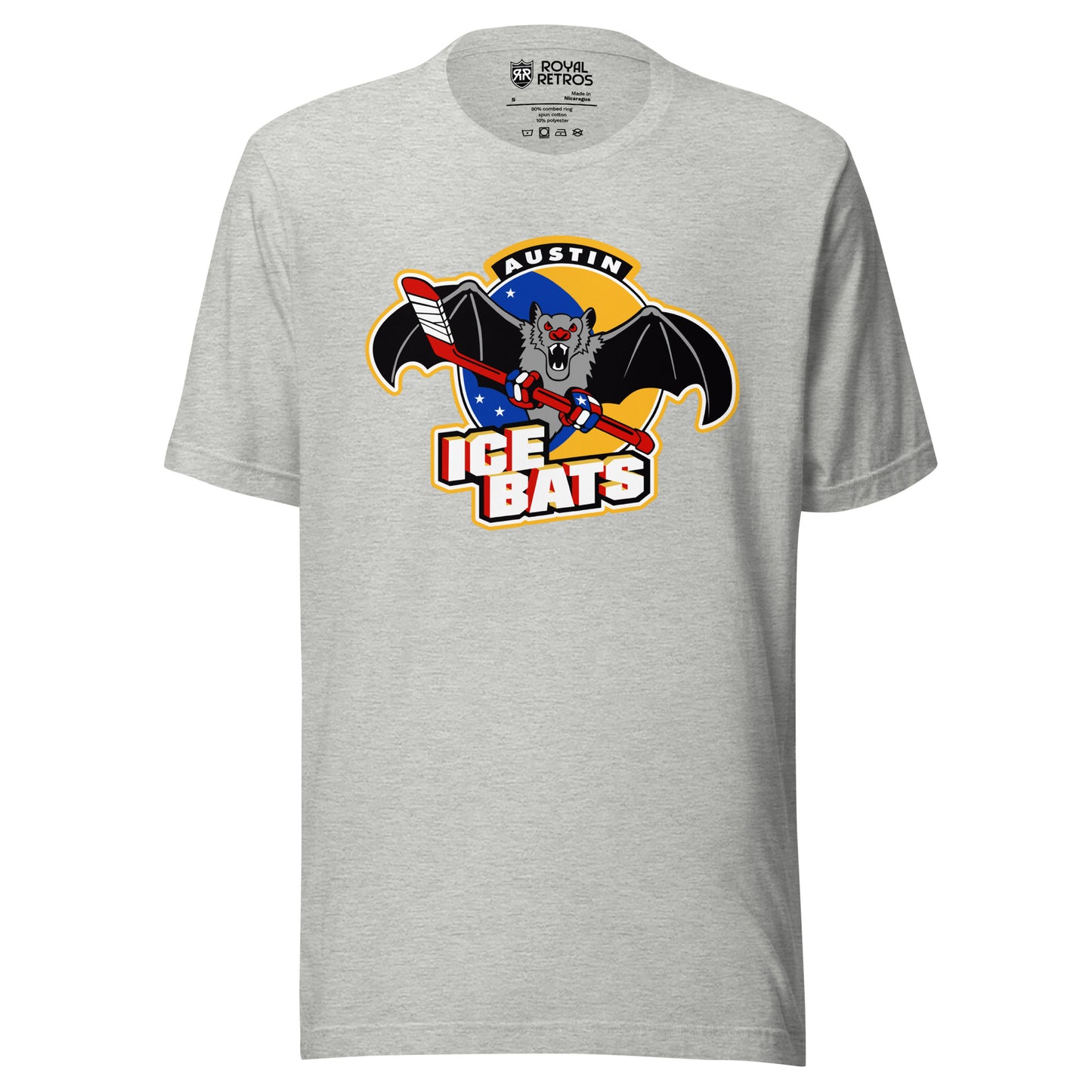 Austin Ice Bats T-shirt. Grey. AUSTIN small in white above bat holding a red hockey stick above large white ICE BATS with red trim. Royal Retros