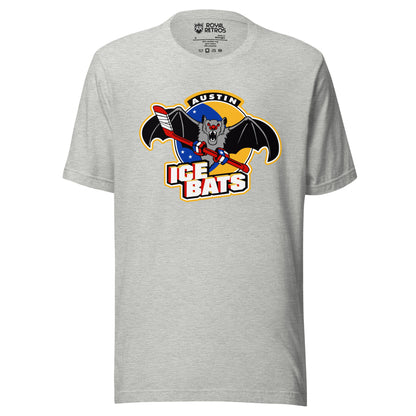 Austin Ice Bats T-shirt. Grey. AUSTIN small in white above bat holding a red hockey stick above large white ICE BATS with red trim. Royal Retros