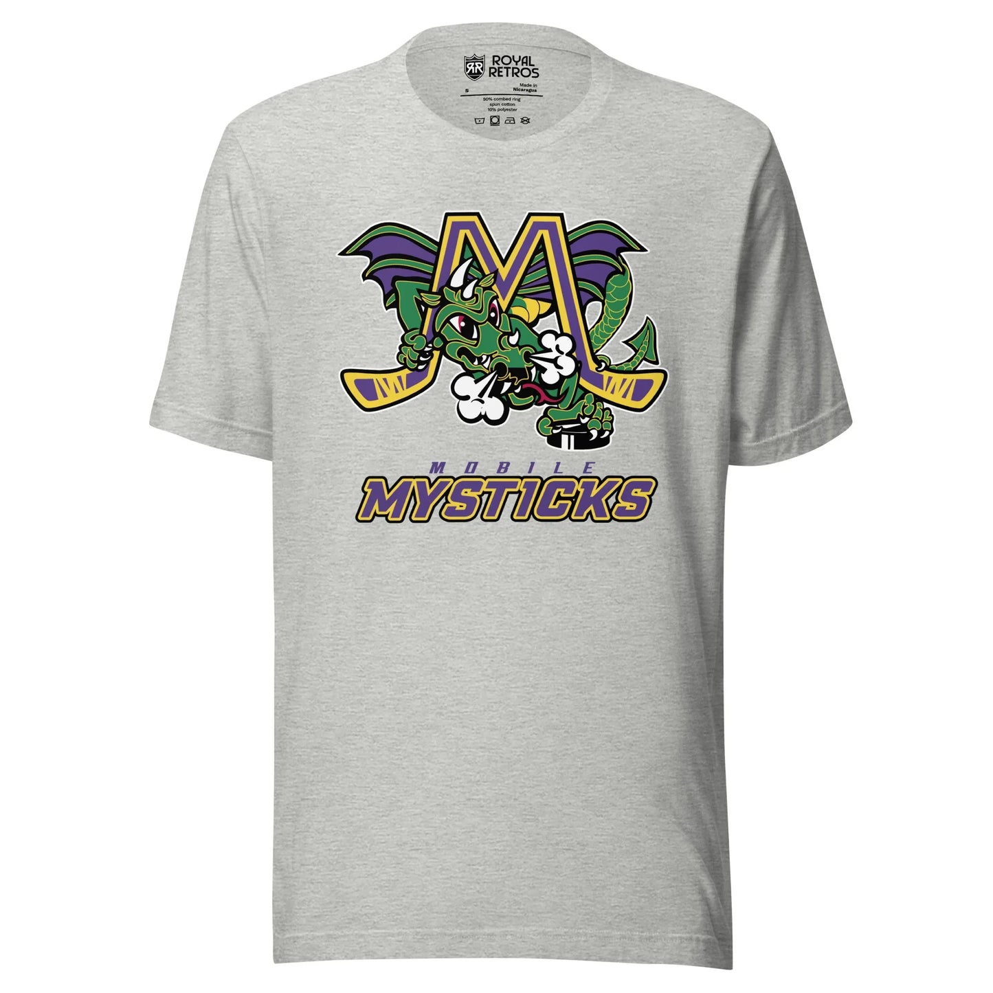 Mobile Mysticks T-shirt. Gray. Logo on chest is an gold M with yellow trim, hockey sticks forming the legs. Large dragon green with purple wings poking through letter. Mobile in purple small above MYSTICKS in purple with gold trim large below. Royal Retros.