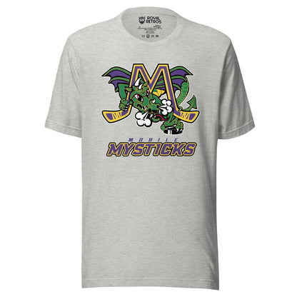 Mobile Mysticks T-shirt. Gray. Logo on chest is an gold M with yellow trim, hockey sticks forming the legs. Large dragon green with purple wings poking through letter. Mobile in purple small above MYSTICKS in purple with gold trim large below. Royal Retros.