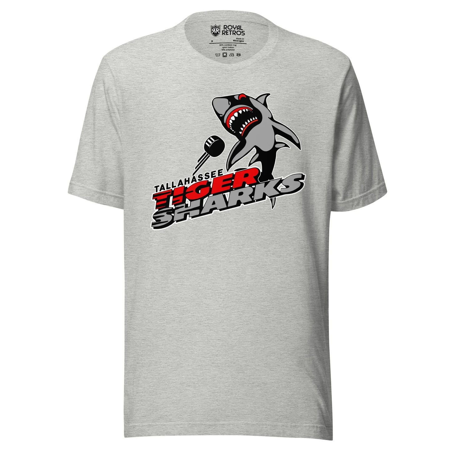 Tallahassee Tiger Sharks hockey T-shirt. Light Gray. Logo is a shark swimming toward viewer with Tallahassee small in black with white trim above Tiger  in red and Sharks in silver. Royal Retros