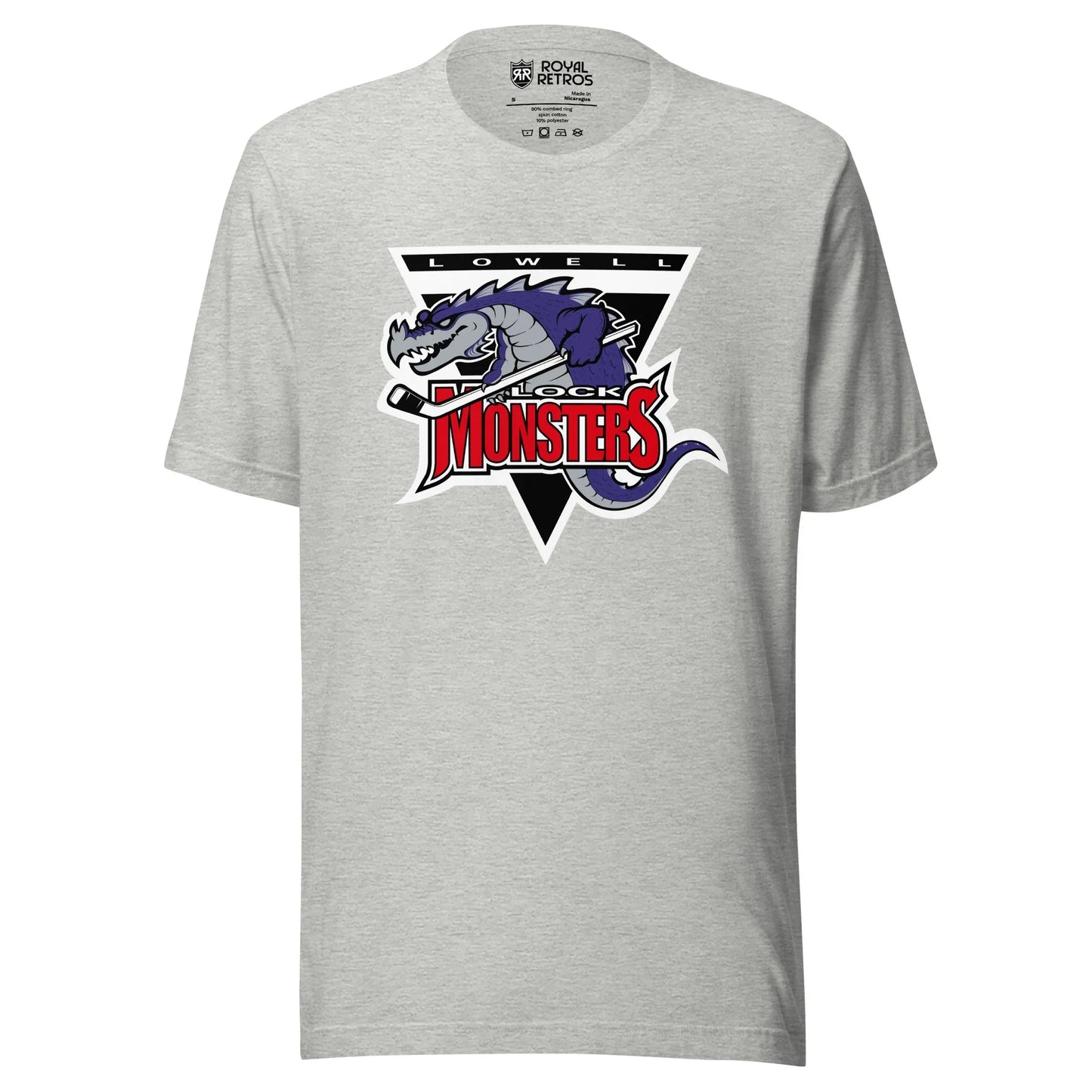 Lowell Lock Monsters T-shirt light gray. Logo is an upside down triangle, Lowell in white with black background at top. Purple and great dragon with hockey stick over MONSTERS in red. Royal Retros. 
