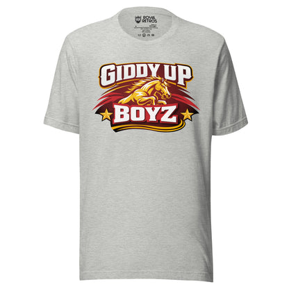 Birmingham Stallions UFL Giddy Up Boyz supporters T-shirt. Gray. Red oval-like shape with jagged sides on Horses head in gold bellow Giddy Up in white with red shadow. Boyz in white with red shadow blow and gold stars on either side.Royal Retros.