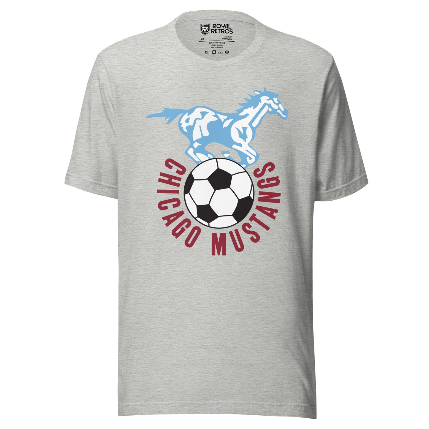Athletic heather gray t-shirt with a light blue illustrated galloping mustang above a soccer ball, 'Chicago Mustangs' arched in maroon letters