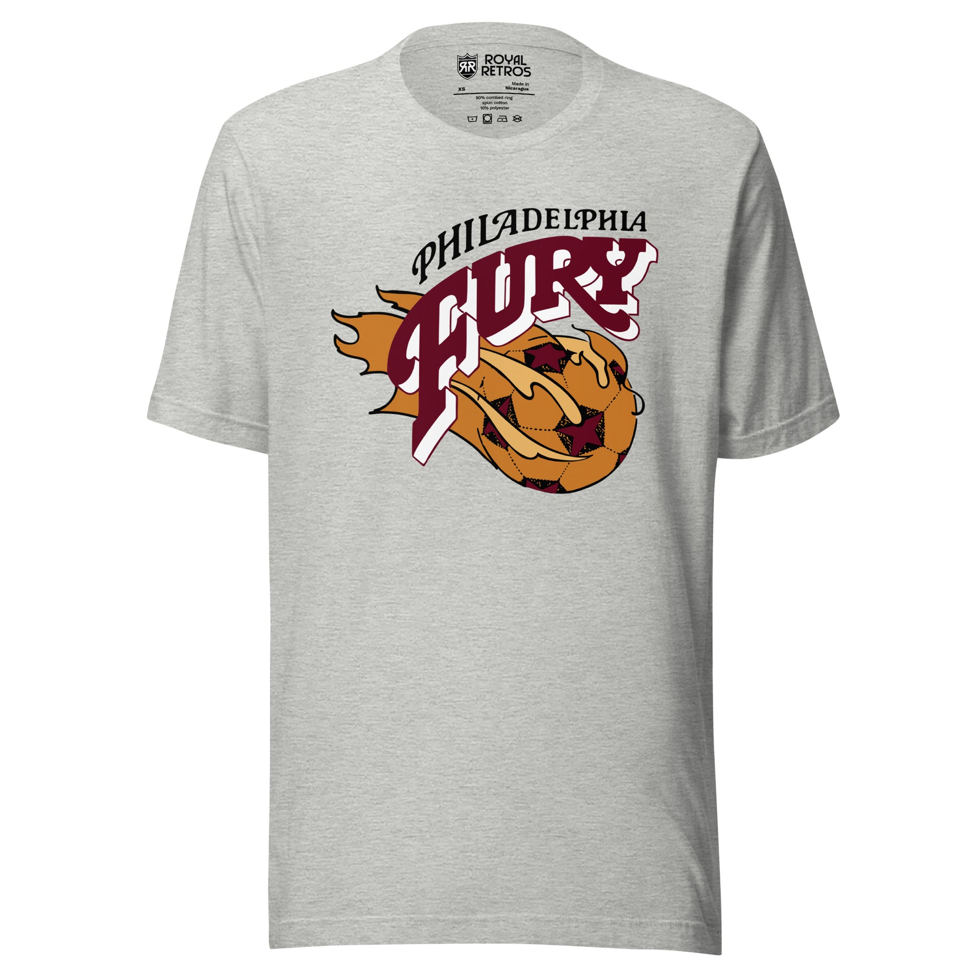 Athletic Heather gray Philadelphia Fury T-shirt featuring a gold comet-tailed soccer ball marked with stars, the FURY wordmark in white gothic lettering, and PHILADELPHIA script arched above