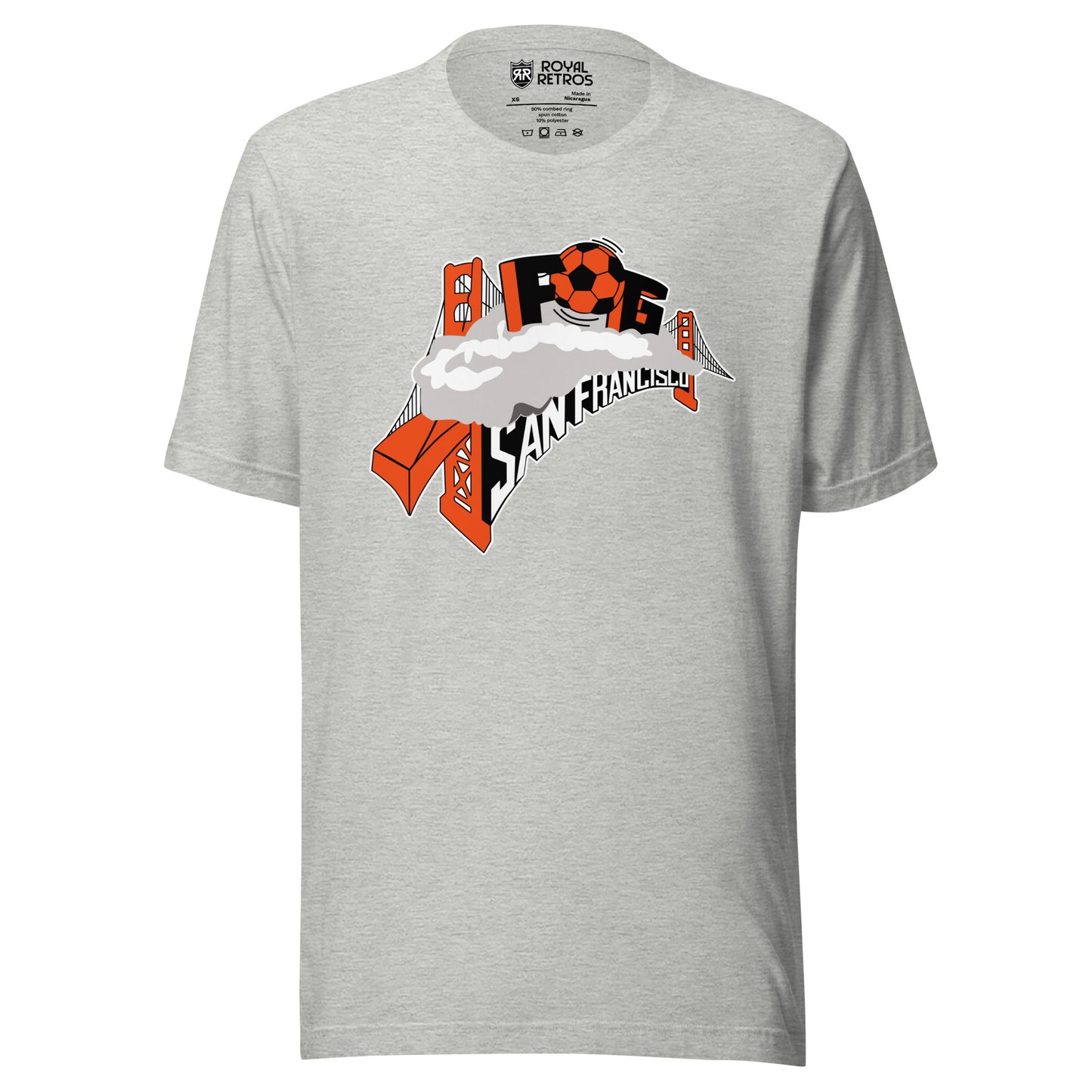 Athletic Heather gray San Francisco Fog T-shirt featuring an orange-and-gray graphic of the Golden Gate Bridge towers wrapped in fog with a soccer ball, the FOG lettering, and SAN FRANCISCO text below