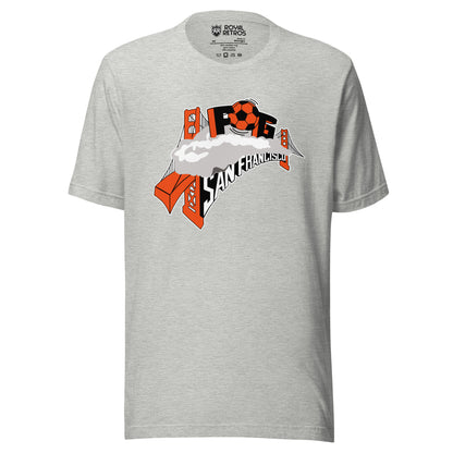 Athletic Heather gray San Francisco Fog T-shirt featuring an orange-and-gray graphic of the Golden Gate Bridge towers wrapped in fog with a soccer ball, the FOG lettering, and SAN FRANCISCO text below