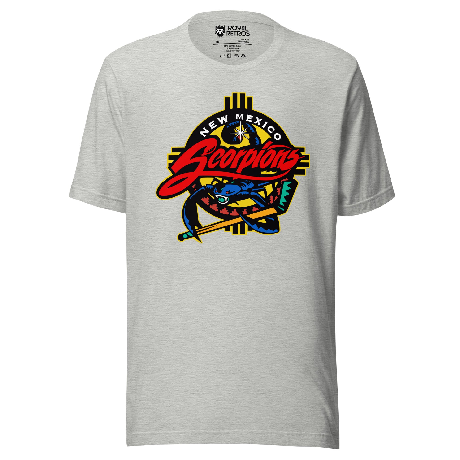 New Mexico Scorpions hockey T-shirt in athletic heather gray. Southwestern Zia-sun emblem in yellow and black behind a blue scorpion gripping a hockey stick, with 'New Mexico Scorpions' wordmark in white and red script.