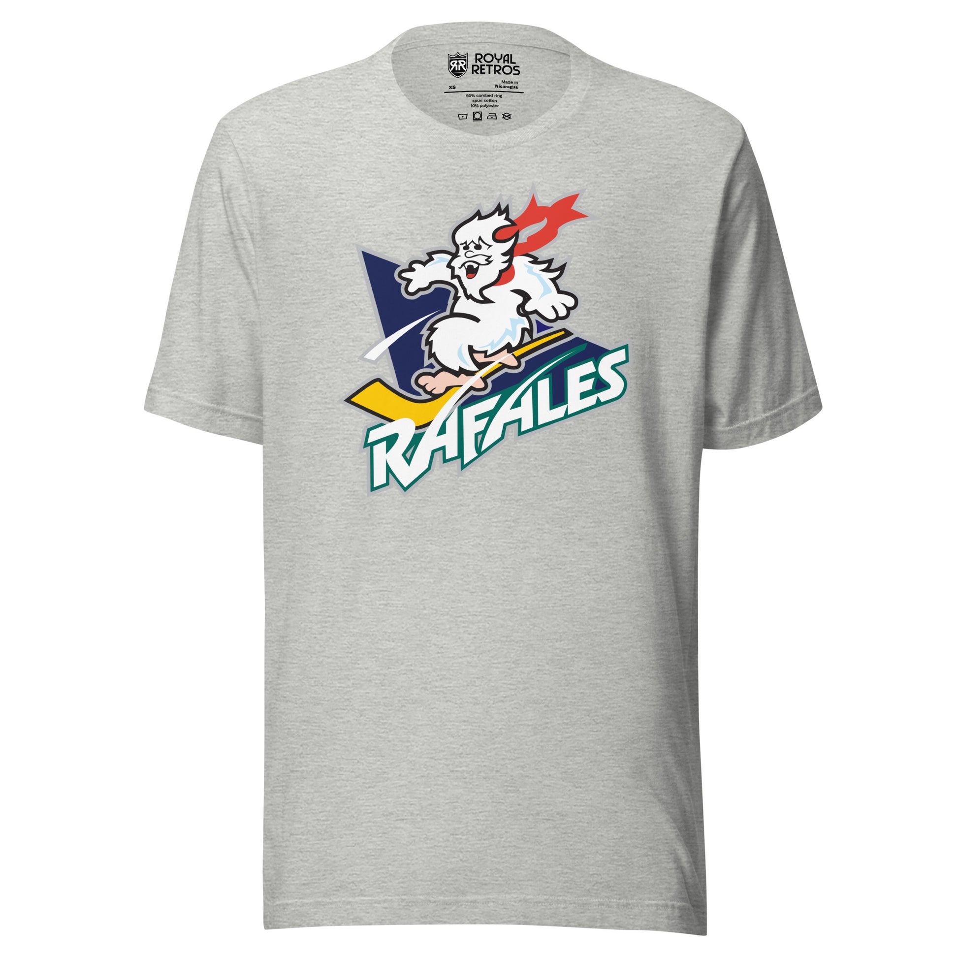 Quebec Rafales hockey T-shirt. Athletic Heather. White Yeti riding a yellow hockey stick over a purple triangle. RAFALES angled in white with blue trim below. Royal Retros.