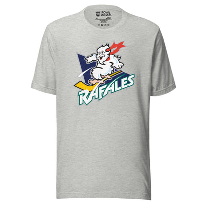 Quebec Rafales hockey T-shirt. Athletic Heather. White Yeti riding a yellow hockey stick over a purple triangle. RAFALES angled in white with blue trim below. Royal Retros.