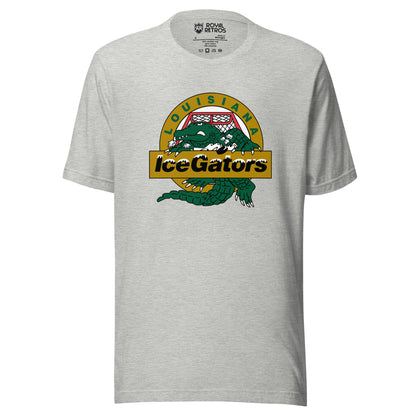 Louisiana IceGators athletic heather gray t-shirt. Green alligator crest on a gold circle at the center chest, LOUISIANA arced above, IceGators across a gold banner. Royal Retros