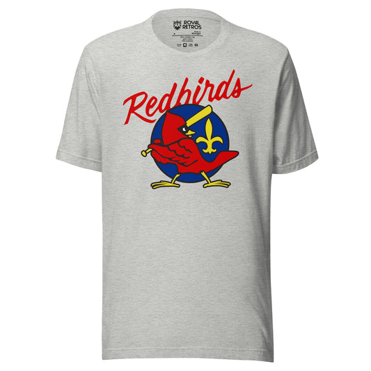 Louisville Redbirds T-shirt. Athletic heather. Redbirds script over a red bird swinging a yellow bat in front of a blue circle with a yellow fleur-de-lis. Royal Retros