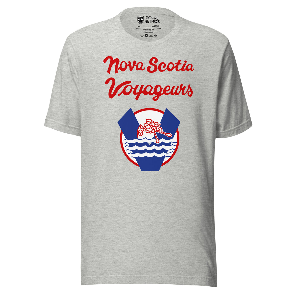 Nova Scotia Voyageurs T-shirt. Athletic heather. Nova Scotia Voyageurs script over a round crest with a V, canoe paddlers and waves. Royal Retros