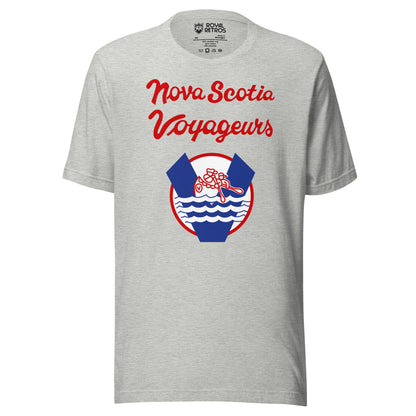 Nova Scotia Voyageurs T-shirt. Athletic heather. Nova Scotia Voyageurs script over a round crest with a V, canoe paddlers and waves. Royal Retros